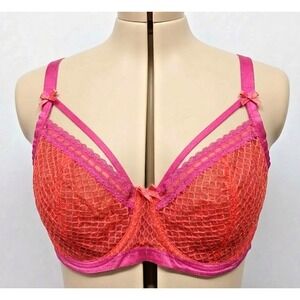 Cacique Lightly Lined Balconette Bra‎ 42DD Pink Orange Lace Mesh Underwire Bows